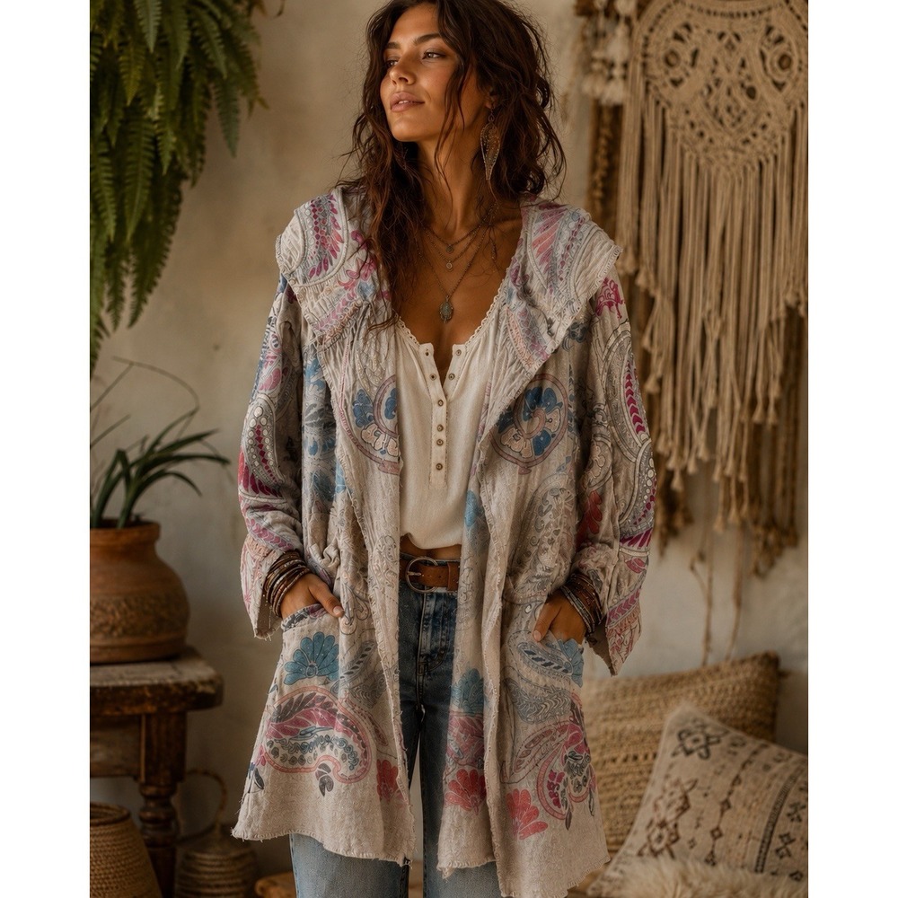 Biya Johnny Was Embroidered Hooded Cardigan XS/S Paisley Tan Boho Artsy Duster